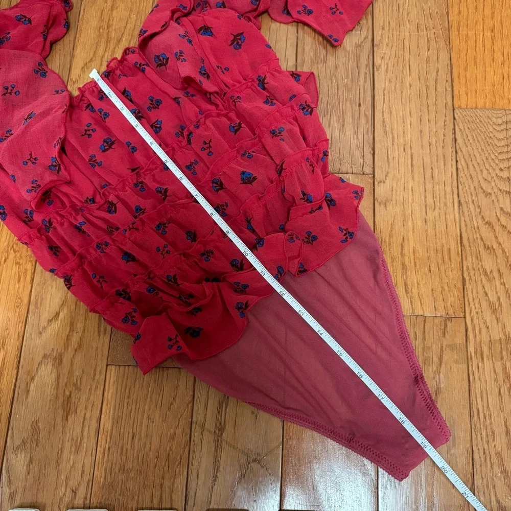 Free People Intimacy Bodysuit Red‎ with Blue Flowers Size Small